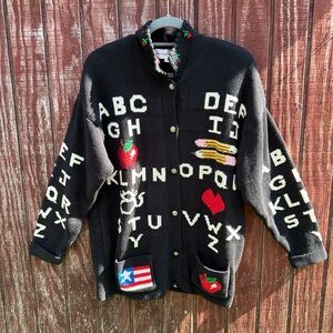 Vintage THE EAGLES‎ EYE Cardigan Sweater All Over Print Schoolteacher M